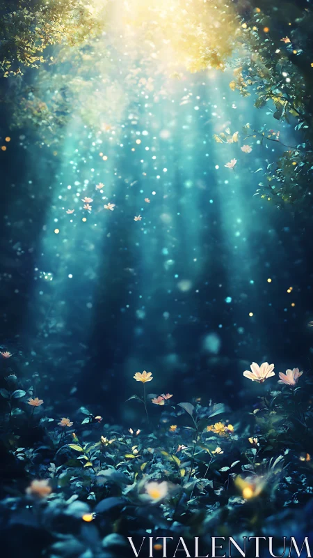 Volumetric light shafts over bioluminescent forest understory.