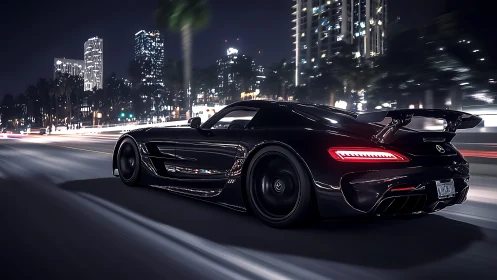 Black sports coupe progresses through illuminated city street