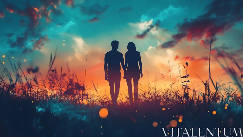 Two Silhouettes Hold Hands Against Dramatic Sunset Sky.