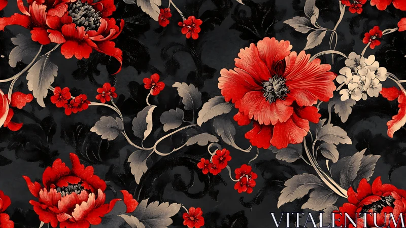High-Contrast Floral Botanical Pattern with Dramatic Red Blooms.
