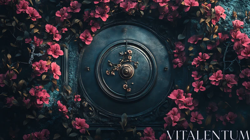 Vintage Doorbell Surrounded by Blooming Pink Flowers