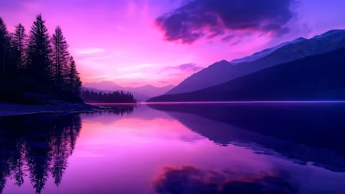 Vivid magenta sunset over tranquil alpine lake with reflections
