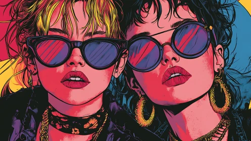 Two stylized women wear sunglasses in bold neon colors