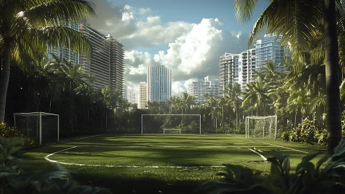 Sunlit cityside soccer field cradled by lush palms and towers.