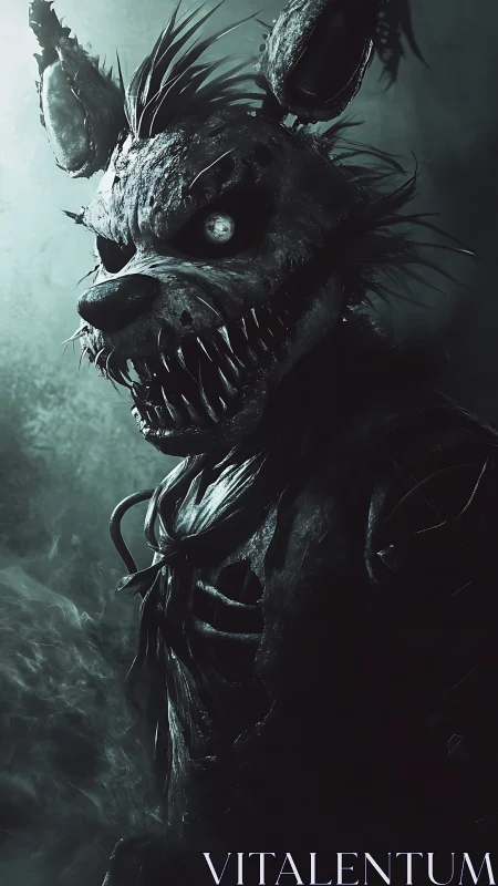 Monstrous animatronic wolf emerges from eerie green fog.