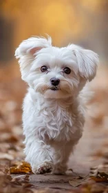 Small white dog walks toward camera on leaf covered path