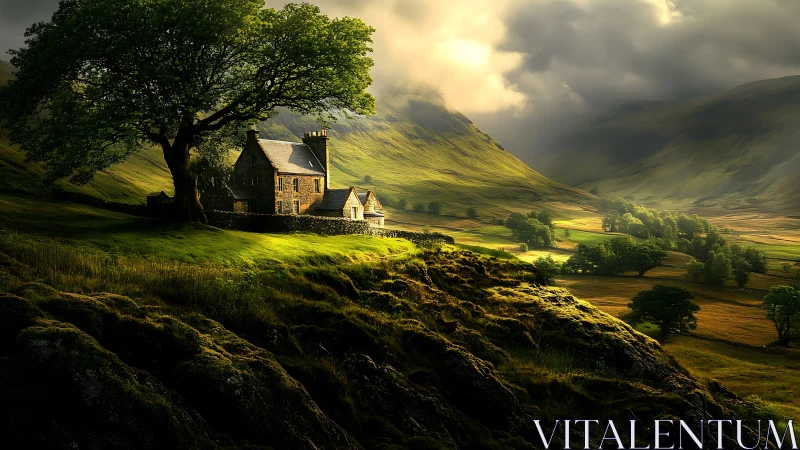 Stormlit valley house quietly drinks the last green light