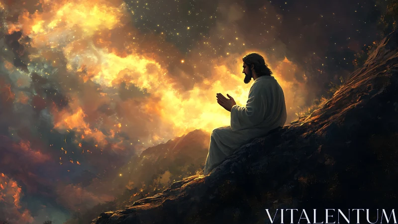 Solitary robed figure prays on mountainside under blazing sky