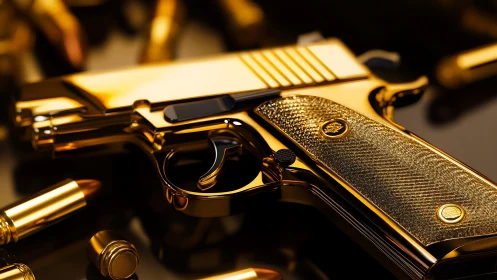 Gold-plated handgun with textured grip and scattered rounds