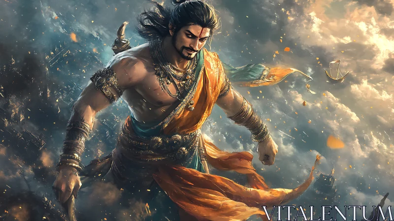 Mythic sky warrior strides through stormlit clouds of fire.