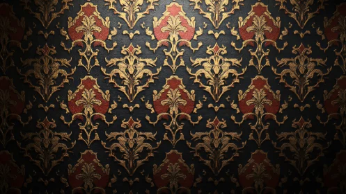 Ornate gold and red damask pattern repeats across fabric