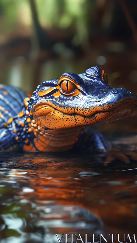 Chromatically enhanced alligator in shallow riparian habitat.