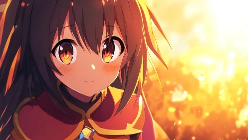 Sunset sparks quietly inside the mage girl’s ember eyes