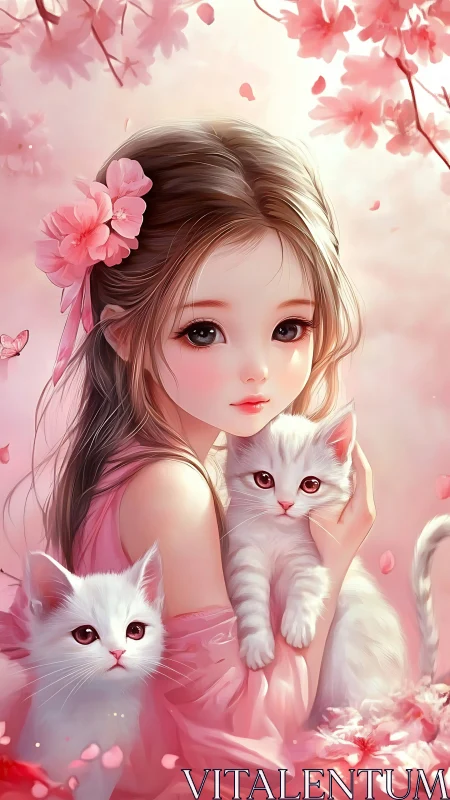 Girl holding white kittens under soft pink blossoms.