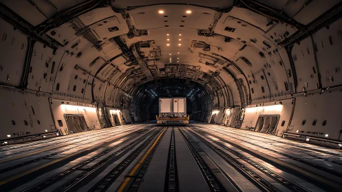 Photorealistic cargo aircraft bay with linear perspective depth.