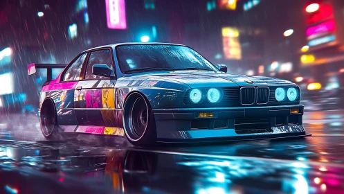 Neon-soaked tuner car slices through a rainy cyberpunk street