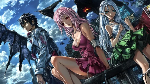 Winged anime trio overlook ruined city under stormy sky