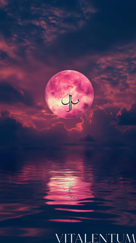 Pink moon over still water under deep magenta clouds.