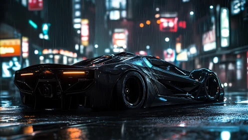Midnight supercar gliding through neon city rainstorm.