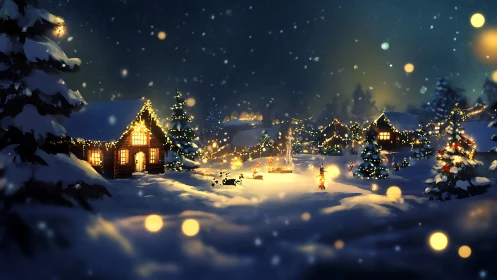 Snow-covered alpine village with glowing Christmas cabin lights