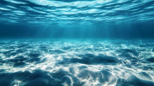 Sunlit underwater seafloor with rippled sand and caustics.