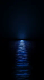 Midnight horizon glows above reflective dark water surface.
