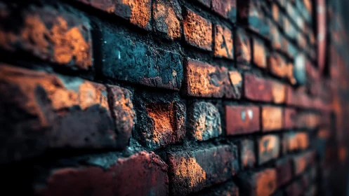 Close-up of rustic brick wall with moody lighting, urban photography.