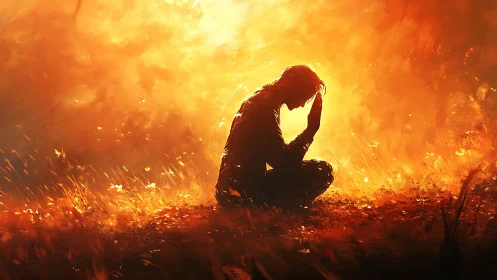 Quiet prayer in the heart of glowing embers and light.