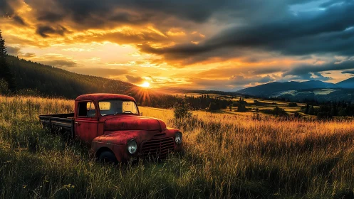 Weathered red flatbed truck anchored in sunlit rural grassland at dusk