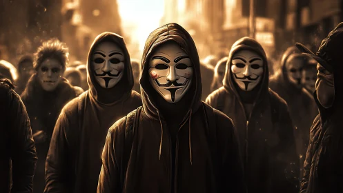 Hooded Guy Fawkes collective in cinematic bokeh alleyway.