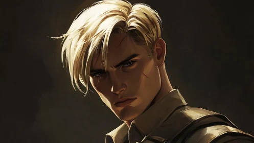 Blond male portrait with scar in dramatic side lighting.