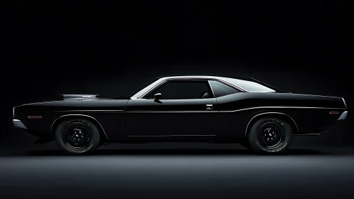 Side profile view shows black classic muscle car in studio