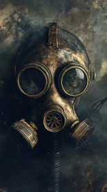 Weathered brass gas mask hangs against corroded wall