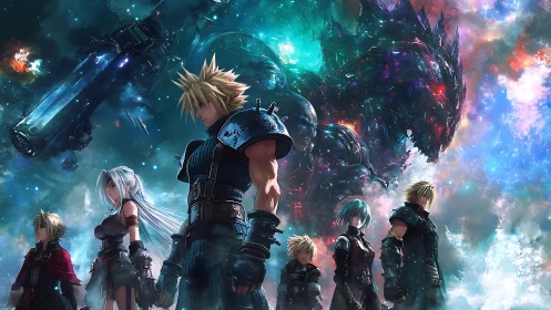 Concept art ensemble with cosmic mech kaiju backdrop staging.