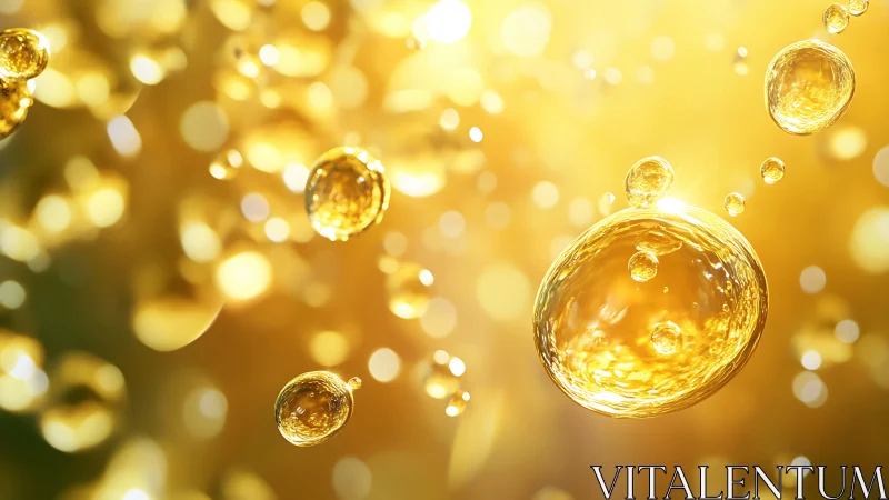 Golden liquid bubbles drift through warm glowing light field