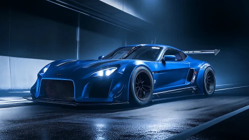 Blue race car in wet tunnel under dramatic blue lighting.