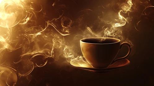 Golden Liquid Coffee Cup with Luminescent Steam Effects.