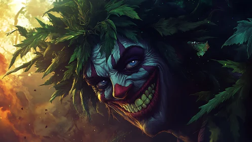 Sinister forest jester portrait with toxic chromatic glow.