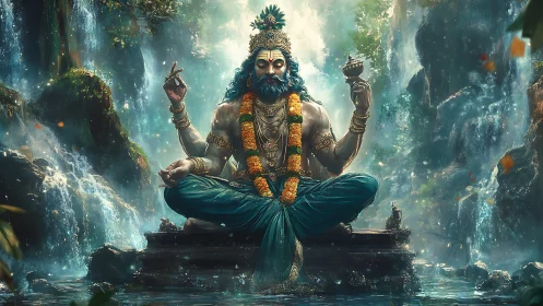 Seated blue-skinned deity amid waterfalls and dense foliage.