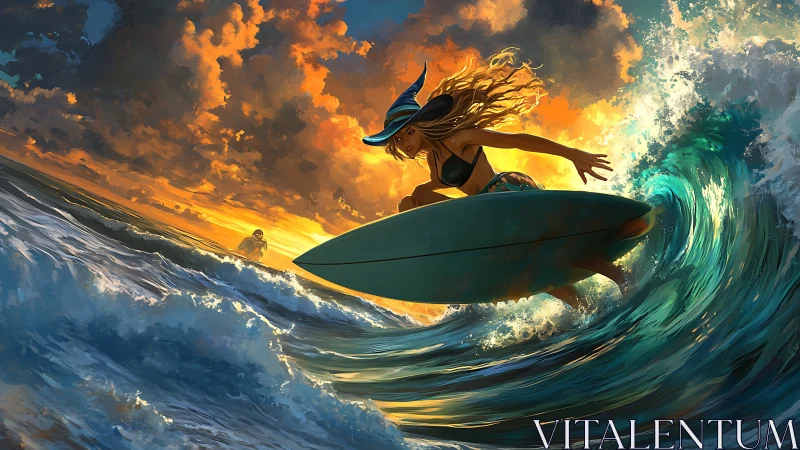 Surfer wearing pointed hat on wave at vivid sunset seascape.