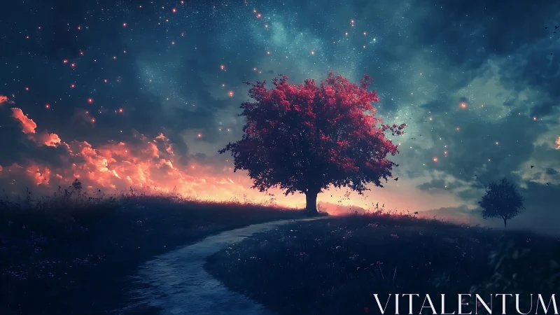 Starlit red tree guiding a quiet path through dreamlike dusk.