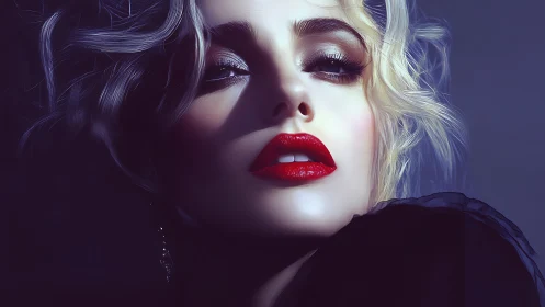 High-contrast digital portrait of blonde woman with red lips