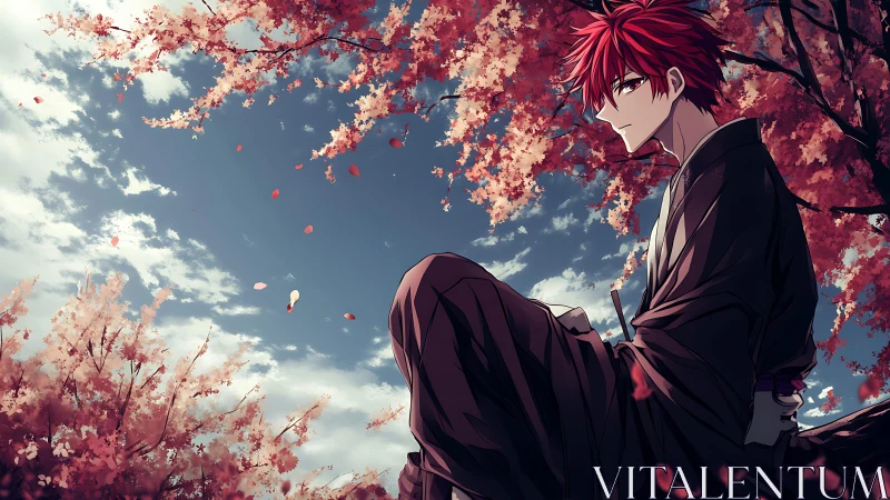 Red haired wanderer resting beneath drifting sakura sky.