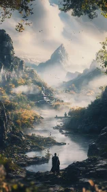 Lone wanderer gazes over misty river and soaring peaks.