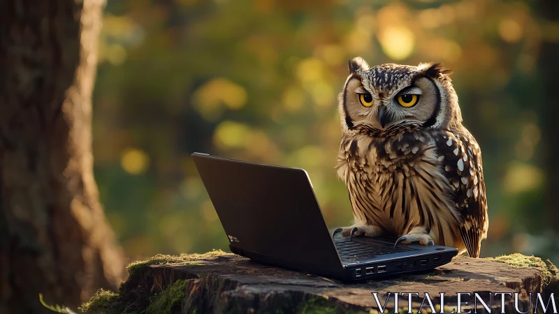 Wise owl using laptop in forest, whimsical digital art scene.