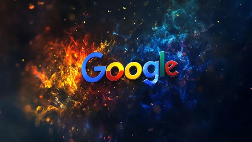Google logo over explosive cosmic color nebula background.