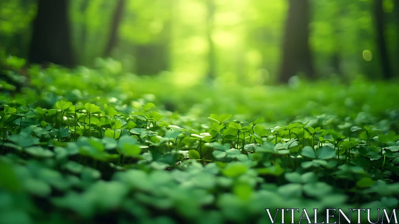 Clover ground cover fills sunlit forest floor in soft focus.