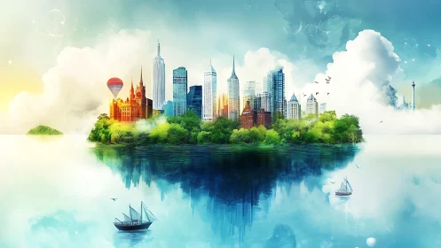 Floating City Island Above Water With Clouds.