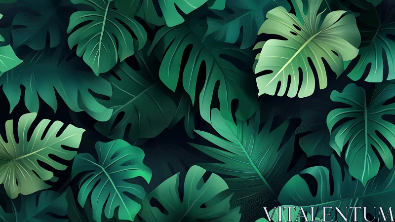 Dense overlapping tropical monstera leaf pattern design.