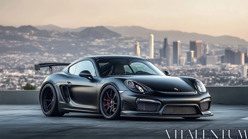 Matte black Porsche sports coupe overlooking city skyline.